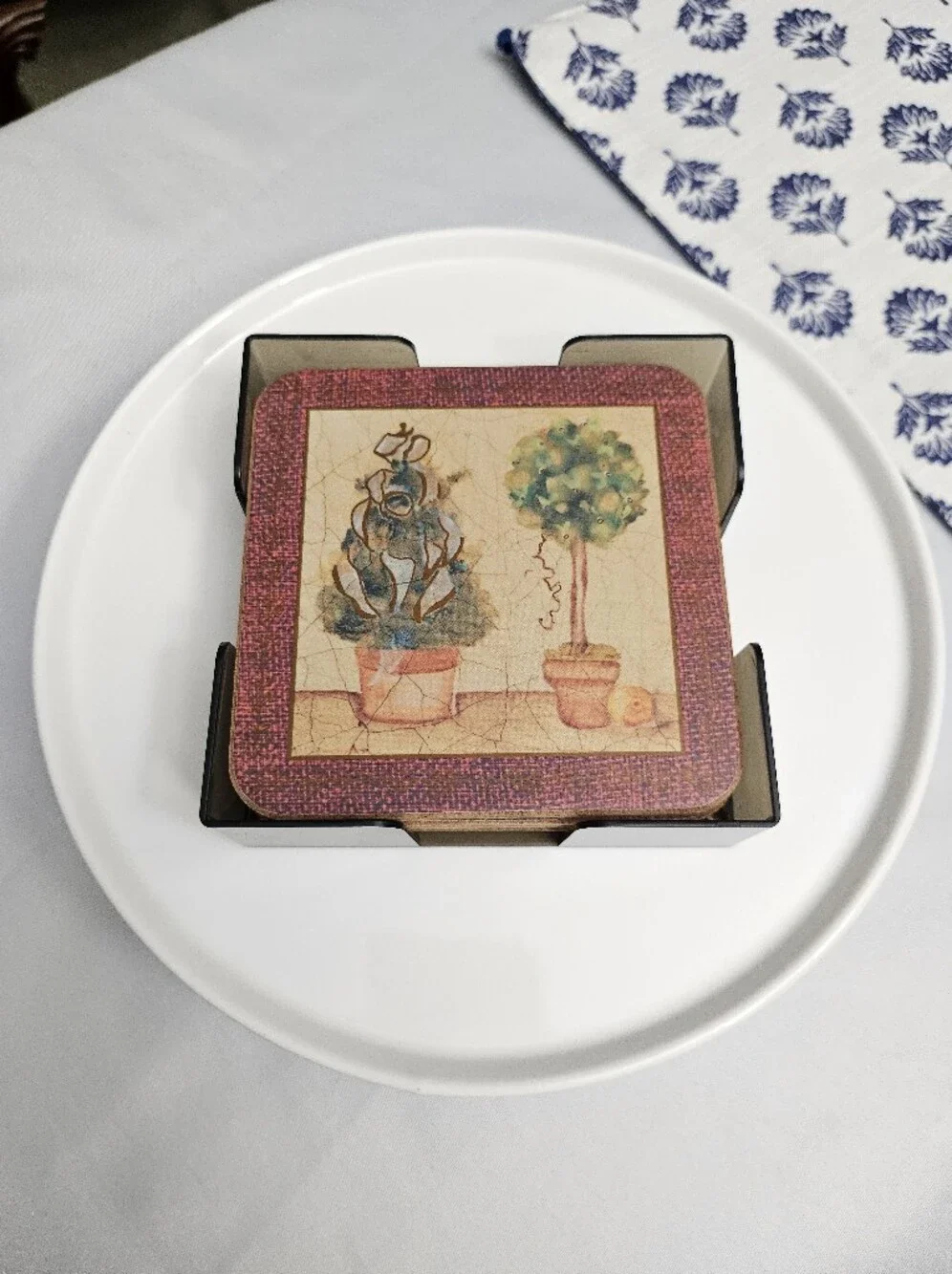 Pimpernel Vintage Christmas Topiary Cork-Backed Coasters Set of 5 with Holder